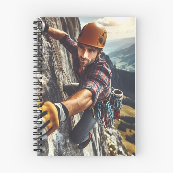 Item preview, A climber wearing a helmet and gloves scales a steep rock face with climbing gear attached to the harness, set against a scenic mountain landscape designed and sold by homydesign.