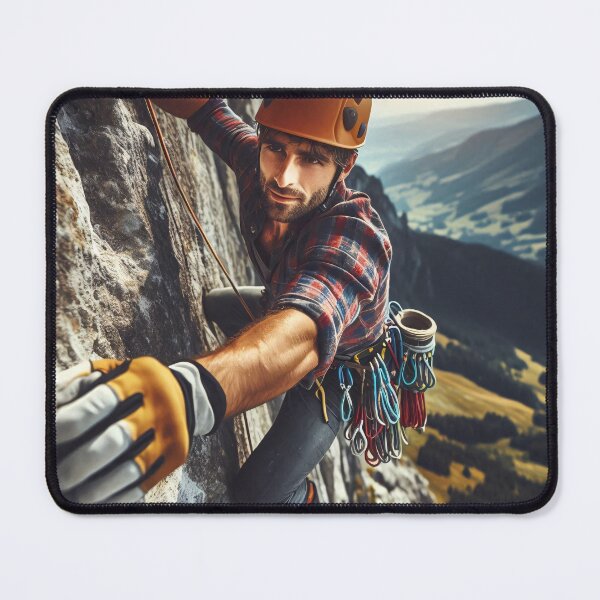 Item preview, A climber wearing a helmet and gloves scales a steep rock face with climbing gear attached to the harness, set against a scenic mountain landscape designed and sold by homydesign.