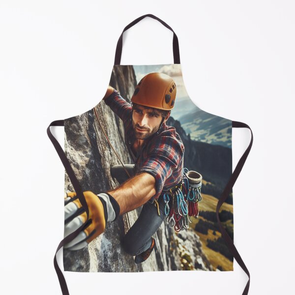 Item preview, A climber wearing a helmet and gloves scales a steep rock face with climbing gear attached to the harness, set against a scenic mountain landscape designed and sold by homydesign.