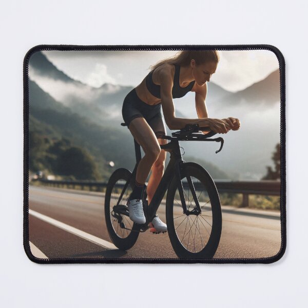 Item preview, Cyclist rides along winding mountain road at sunset with dramatic Alpine peaks and serene lake valley in background, capturing essence of endurance sport designed and sold by homydesign.
