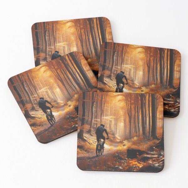 Item preview, A mountain biker rides through a mystical autumn forest trail, with golden sunlight streaming through towering beech trees and fallen orange leaves designed and sold by homydesign.