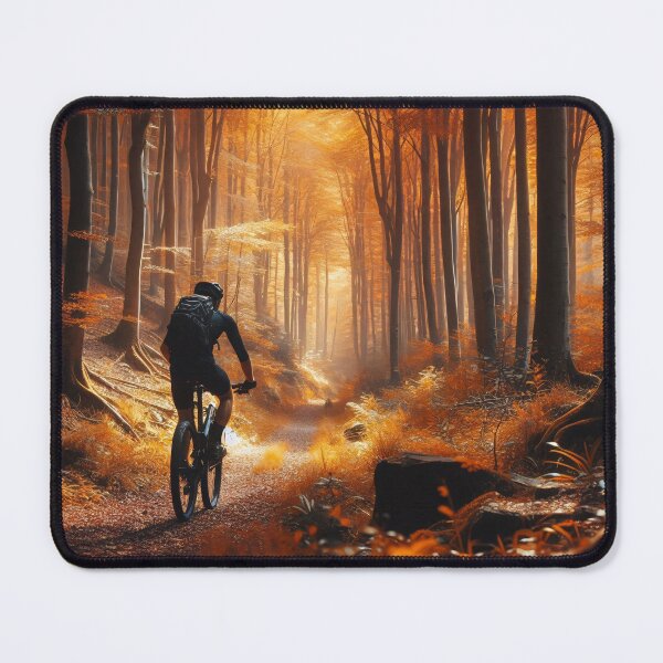 Item preview, A mountain biker rides through a mystical autumn forest trail, with golden sunlight streaming through towering beech trees and fallen orange leaves designed and sold by homydesign.