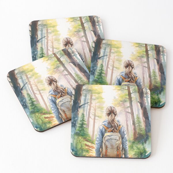 Item preview, A lone hiker with a backpack stands on a forest trail, gazing at sunlit towering evergreens in a serene watercolor-style wilderness scene designed and sold by homydesign.