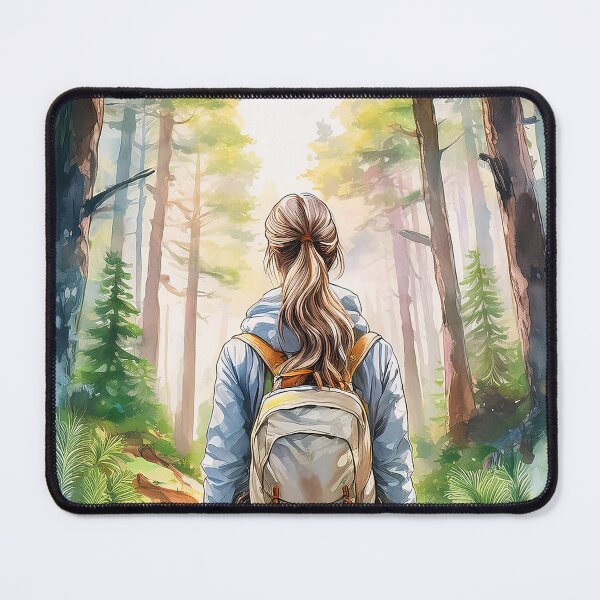 Item preview, A lone hiker with a backpack stands on a forest trail, gazing at sunlit towering evergreens in a serene watercolor-style wilderness scene designed and sold by homydesign.