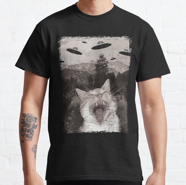 Item preview, Yawning Cat's Mountain UFO Encounter - Funny Vintage Alien Meme - Wilderness Design designed and sold by Bongocatstudio.