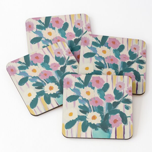 Item preview, Colorful daisies on a striped wallpaper trendy maximalist painting designed and sold by SUNED.