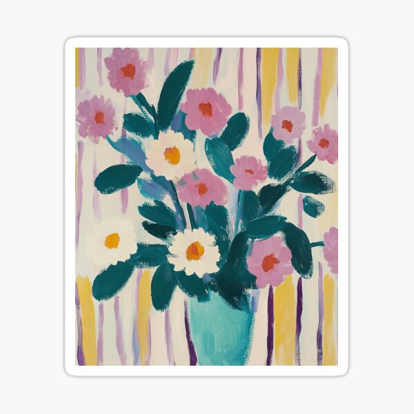 Item preview, Colorful daisies on a striped wallpaper trendy maximalist painting designed and sold by SUNED.