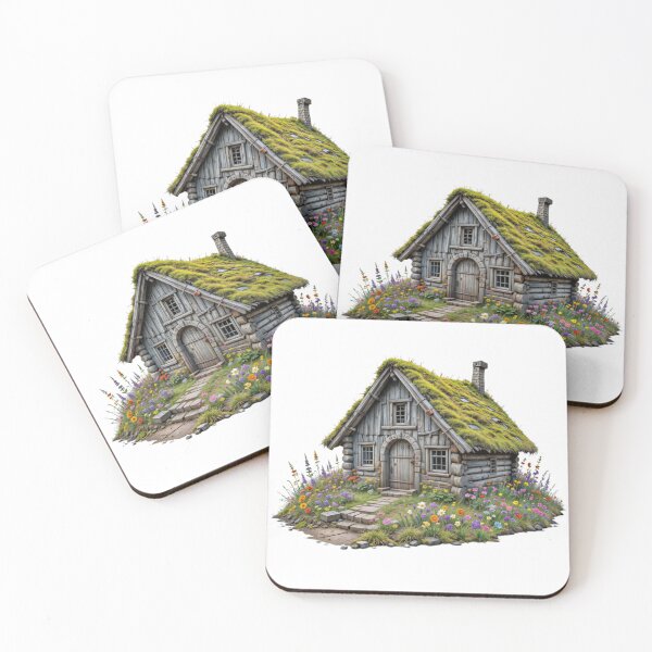 Item preview, Rustic Log Cabin with Moss Covered Roof in Vibrant Wildflower Garden designed and sold by Creative88Art.