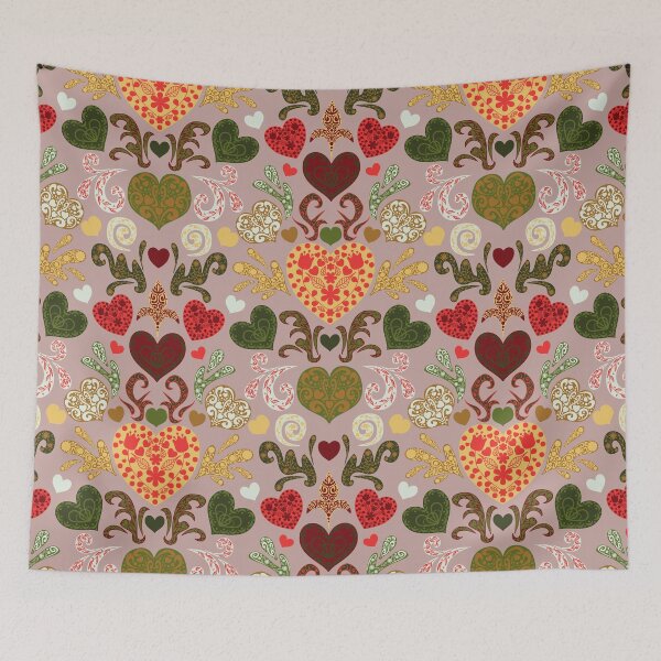 Item preview, Traditional Decorated Nordic Hearts Damask Red Green Gold designed and sold by GenAumonier.