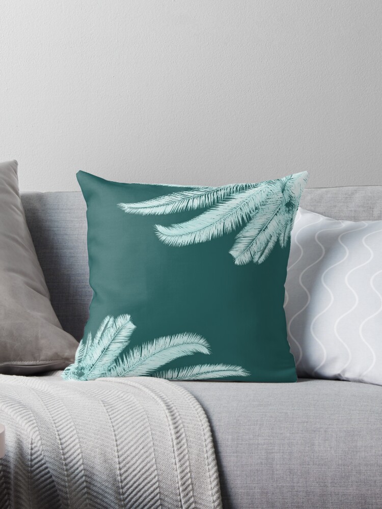Palm silhouettes on teal Throw Pillow - Teal gold living room decor