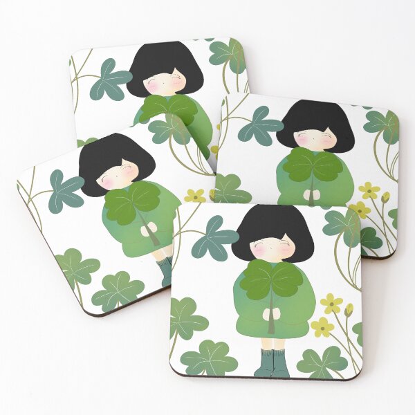 Item preview, Girl Holding Lucky Clover Surrounded by Shamrock and Yellow Flowers designed and sold by Thanapornhan24.