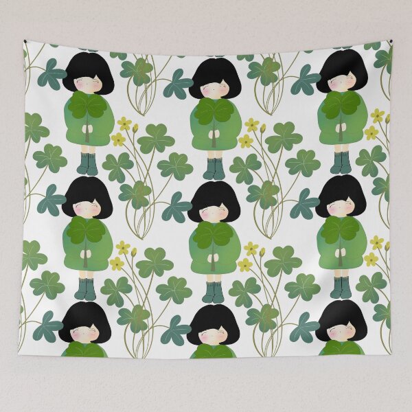 Item preview, Girl Holding Lucky Clover Surrounded by Shamrock and Yellow Flowers designed and sold by Thanapornhan24.