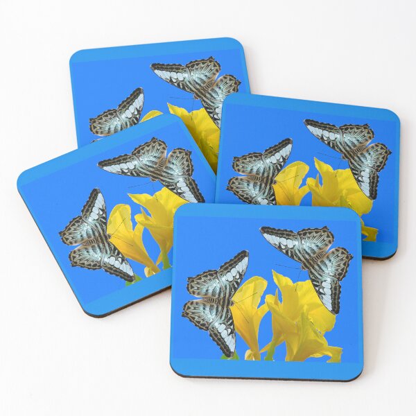 Item preview, Malaysian blue clipper butterflies Latin name parthenos sylvia violacea on Canna King Midas lilies designed and sold by Peter Etchells.
