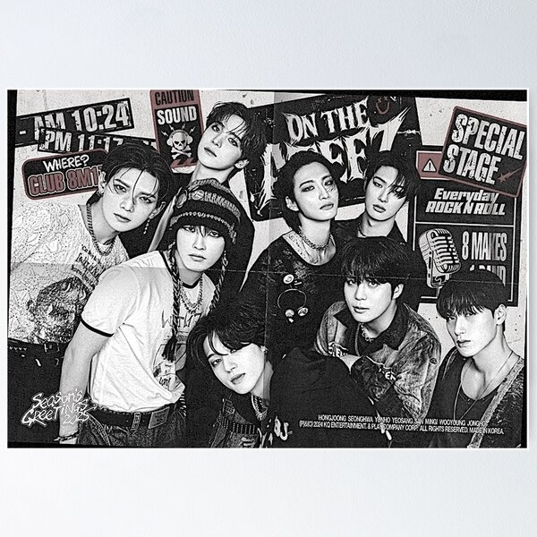 Aperçu de l'œuvre VŒUX DE LA SAISON 2025 D'ATEEZ | LE ROCK NE MOURRA JAMAIS ! Affiche kpop ot8 créée et vendue par Kpop-Noona.