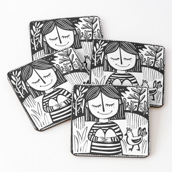 Item preview, Charming Line Art of Girl Collecting Eggs with Nature Elements designed and sold by House Of Roza.