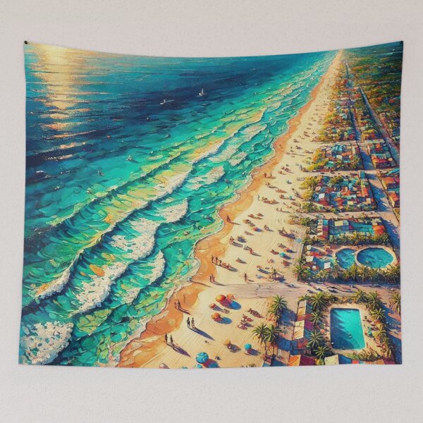 Item preview, Aerial View of a Vibrant Beach Scene with Turquoise Waves and Colorful Umbrellas designed and sold by Shs-Kenya.