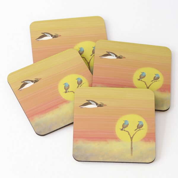 Item preview, A flying penguin and blue birds at sunset  designed and sold by greenPQBstudio.