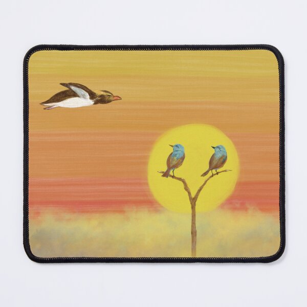 Item preview, A flying penguin and blue birds at sunset designed and sold by greenPQBstudio.