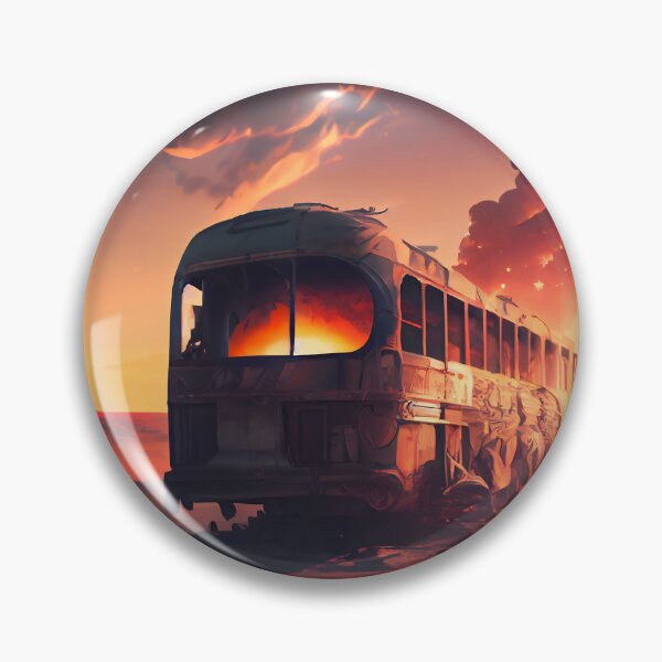Item preview, Post apocalyptic desert painting. Dramatic sunset atmosphere with sand mountains and burning bus. Concept art illustration designed and sold by anytka.