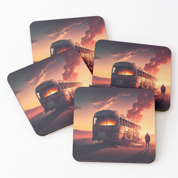 Item preview, Post apocalyptic desert painting. Dramatic sunset atmosphere with sand mountains and burning bus. Concept art illustration designed and sold by anytka.