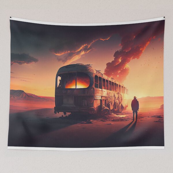 Item preview, Post apocalyptic desert painting. Dramatic sunset atmosphere with sand mountains and burning bus. Concept art illustration designed and sold by anytka.
