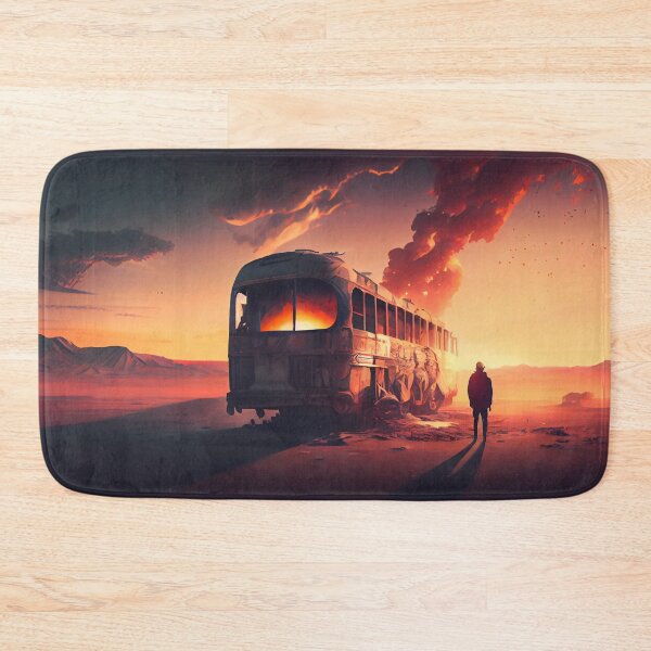 Item preview, Post apocalyptic desert painting. Dramatic sunset atmosphere with sand mountains and burning bus. Concept art illustration designed and sold by anytka.