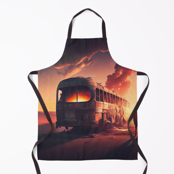 Item preview, Post apocalyptic desert painting. Dramatic sunset atmosphere with sand mountains and burning bus. Concept art illustration designed and sold by anytka.