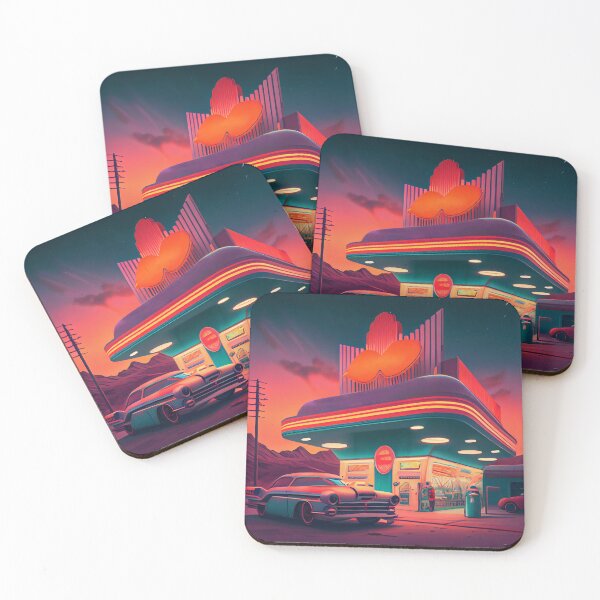 Item preview, The futuristic retro landscape of the 80s. Illustration of the petrol station and car in retro style. Suitable for the design of the 80s style designed and sold by anytka.