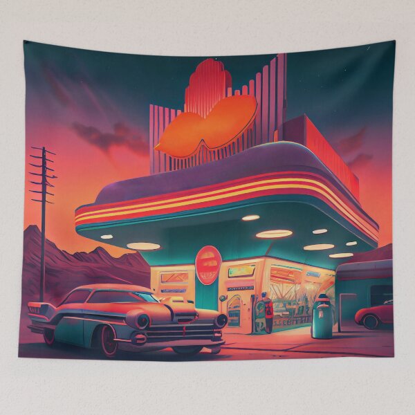 Item preview, The futuristic retro landscape of the 80s. Illustration of the petrol station and car in retro style. Suitable for the design of the 80s style designed and sold by anytka.