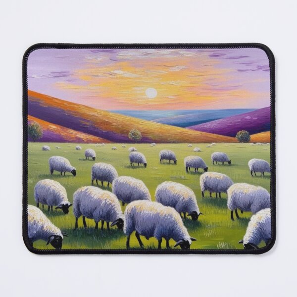 Item preview, A calm meadow dotted with grazing sheep under a vibrant sunset designed and sold by EtCreative.