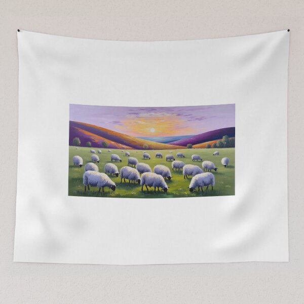 Item preview, A calm meadow dotted with grazing sheep under a vibrant sunset  designed and sold by EtCreative.
