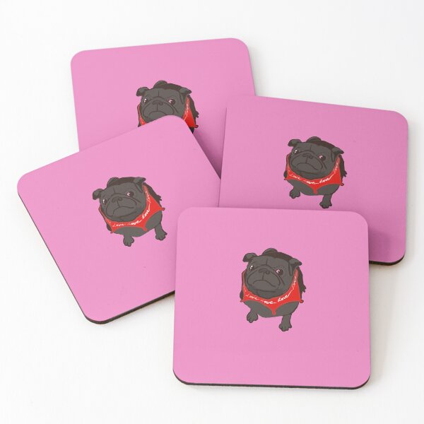 Item preview, BLACK PUG with RED Bandana saying LOVE LOVE LOVE. Pink  Background designed and sold by MonicaArtist.