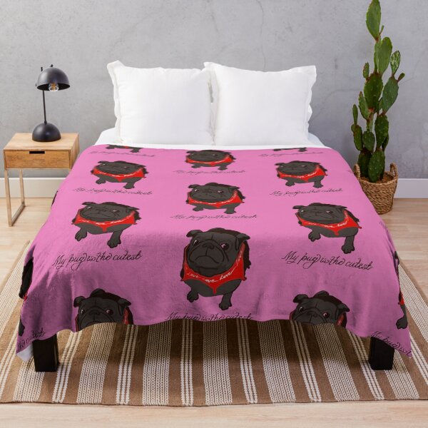Item preview, BLACK PUG with RED Bandana saying LOVE and text with My Pug is the Cutest. Pink background designed and sold by MonicaArtist.