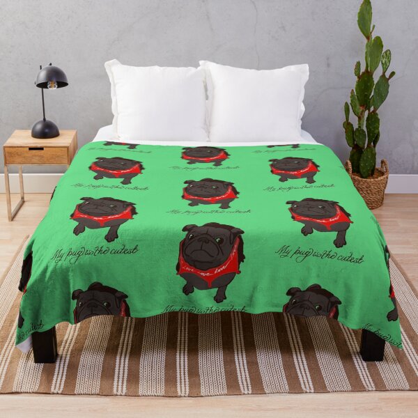 Item preview, BLACK PUG with RED Bandana saying LOVE and text with My Pug is the Cutest. Green background designed and sold by MonicaArtist.