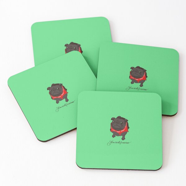Item preview, BLACK PUG with RED Bandana saying LOVE and text with‚‘You will love me‘. Green background  designed and sold by MonicaArtist.