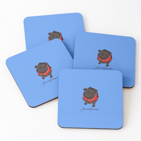 Item preview, BLACK PUG with RED Bandana saying LOVE and text with, ‘You will love me’ Blue background  designed and sold by MonicaArtist.