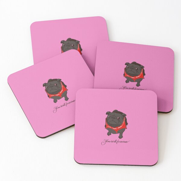 Item preview, BLACK PUG with RED Bandana saying LOVE and text with ‘You will love me,’ Pink background  designed and sold by MonicaArtist.