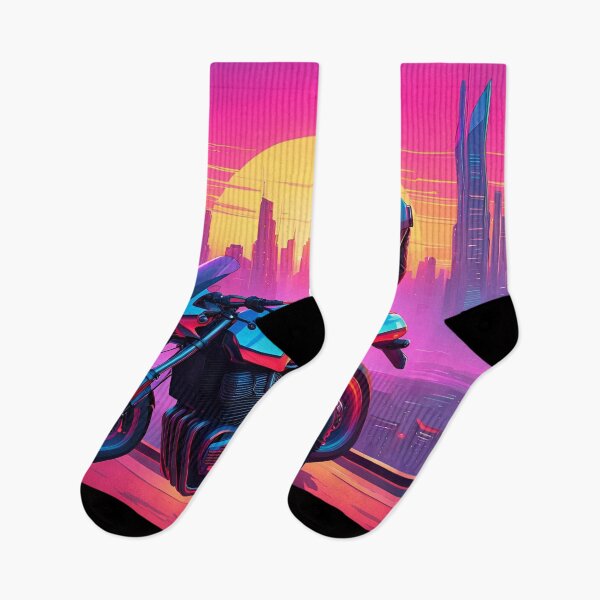 Artikelvorschau, Synthwave futuristisches Motorrad mit Megacity Skyline und Sonnenuntergang entworfen und verkauft von SynthstarShop.