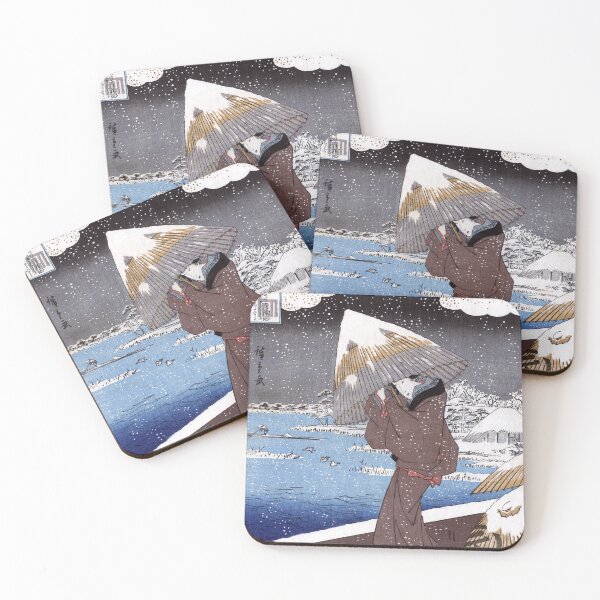 Item preview, Utagawa Hiroshige | Woman (Ukifune), standing under snowy umbrella, in boat, winter landscape | Ukiyo-e designed and sold by LaMadeleine.
