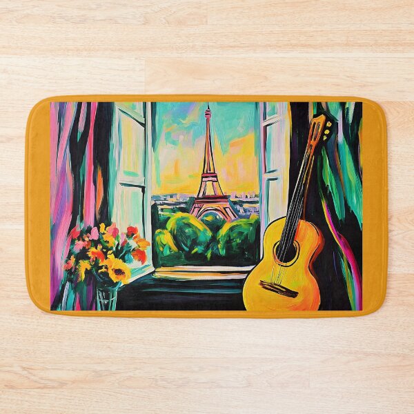 Item preview, Eiffel Tower and Guitar Vibrant Parisian View with Nature and Colorful Sky Digital AI Art designed and sold by OlfactoART Studio.