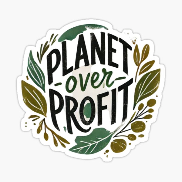 Item preview, An isolated graphic with the words 'Planet Over Profit,' illustrated in a hand-painted brush style with green leaves and earthy tones designed and sold by Venkat-artz.