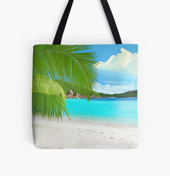 Aperçu de l'œuvre Plage de Sable Blanc avec Palmiers et Mer Turquoise - Illustration Tropicale et Relaxante créée et vendue par Ambiance Sauvage.