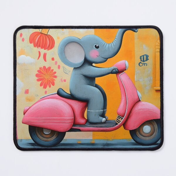 Item preview, Elephant joyfully rides a pink scooter in vibrant scene designed and sold by Artessie.