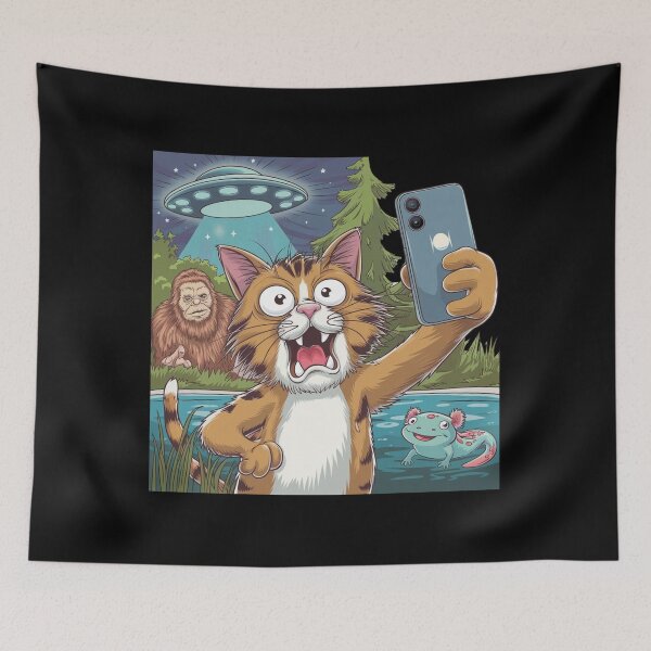 Item preview, Selfie with the Strange: Cat, Bigfoot, UFO & Axolotl designed and sold by Mateusz Majcherek.