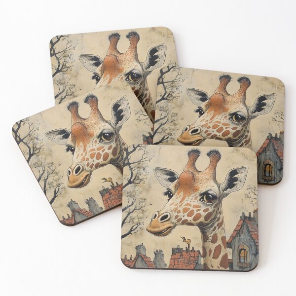 Item preview, Whimsical giraffe in surreal village setting artwork. designed and sold by Artessie.
