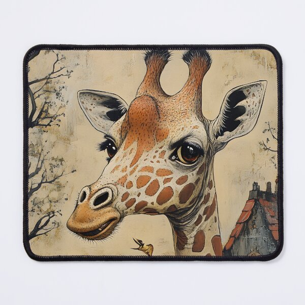 Item preview, Whimsical giraffe in surreal village setting artwork. designed and sold by Artessie.