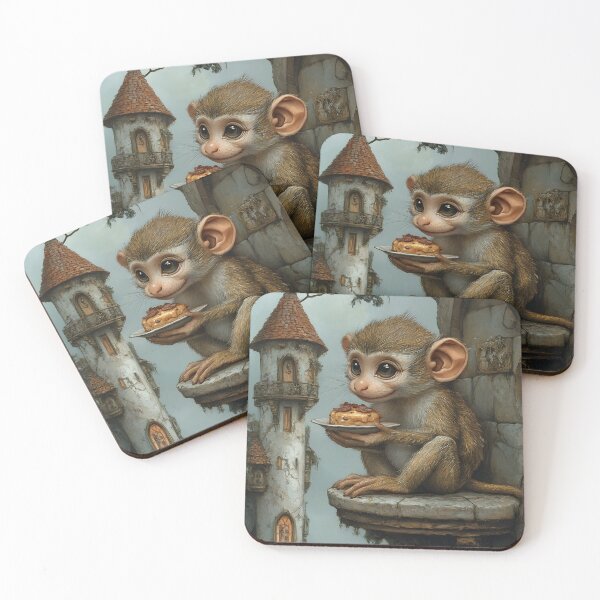 Item preview, Adorable monkey with dessert by fantasy tower scene designed and sold by Artessie.