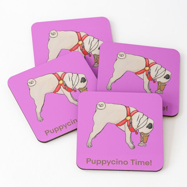 Item preview, Puppycino Time! Creamy Tan Pug with Red Collar drinking his Cappucino, pink background  designed and sold by MonicaArtist.