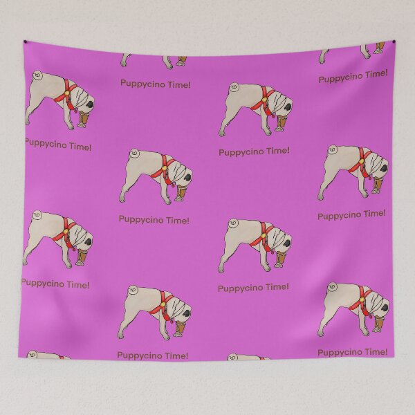 Item preview, Puppycino Time! Creamy Tan Pug with Red Collar drinking his Cappucino, pink background  designed and sold by MonicaArtist.
