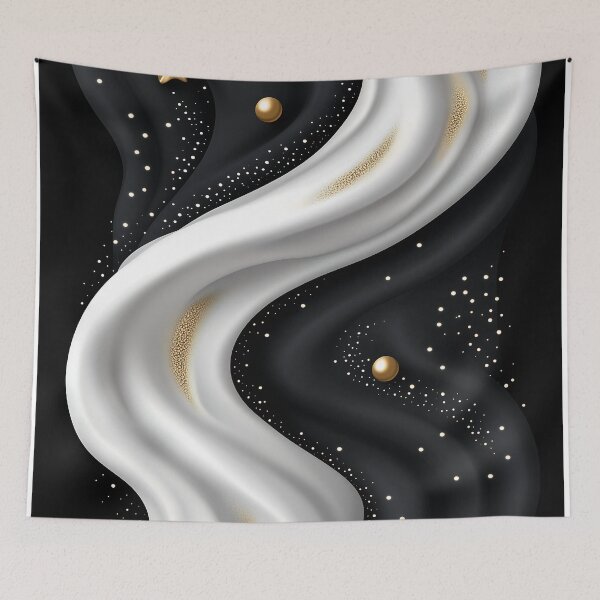 Item preview, White and Black Silk Waves with Golden Stars designed and sold by GoldenTealArts.